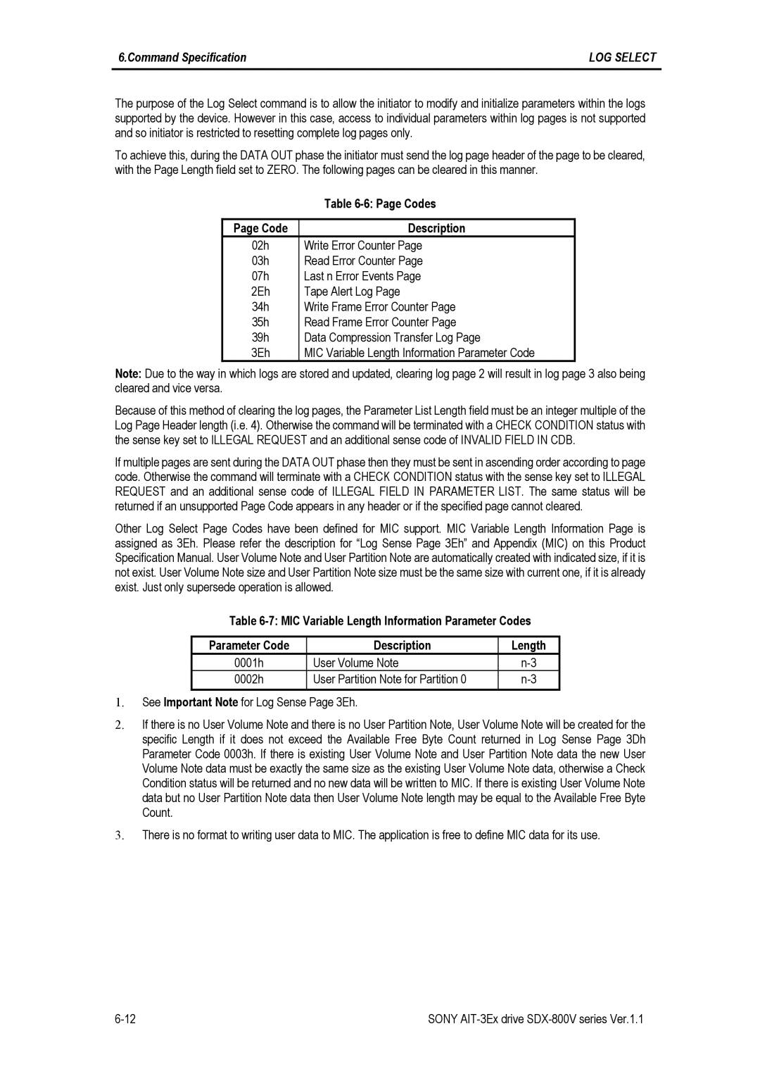 Sony SDX-800V/R manual Code Description, MIC Variable Length Information Parameter Codes Description 