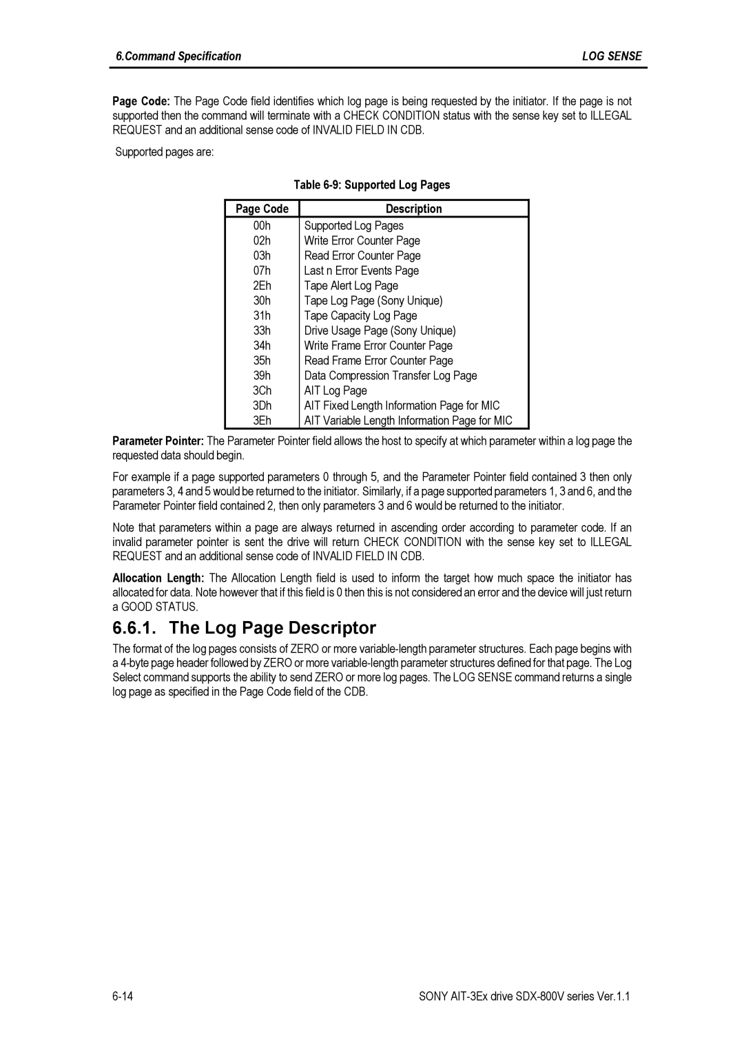 Sony SDX-800V/R manual Log Page Descriptor, Supported Log Pages 