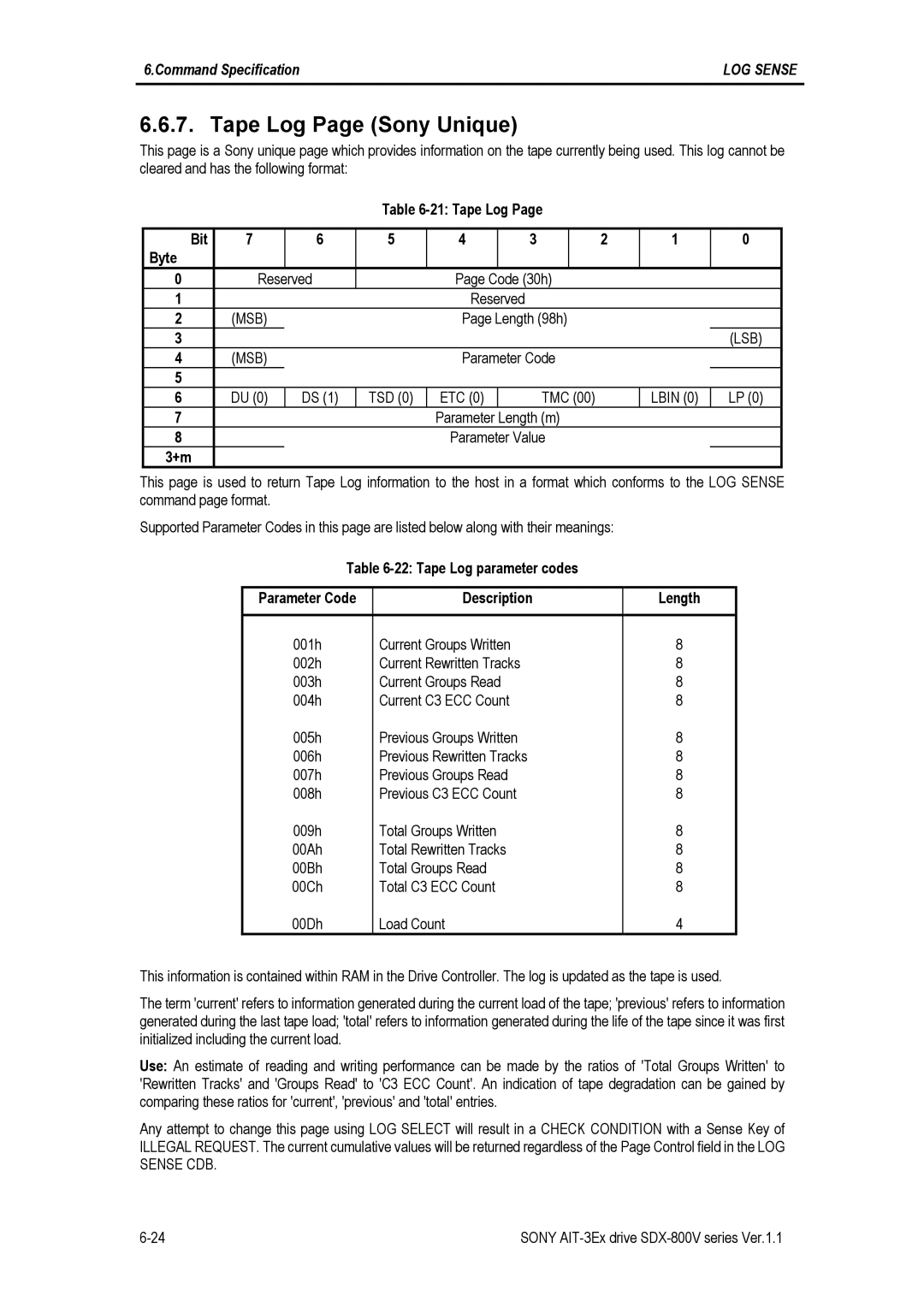 Sony SDX-800V/R manual Tape Log Page Sony Unique, Tape Log Bit Byte Reserved Code 30h, Length 98h 