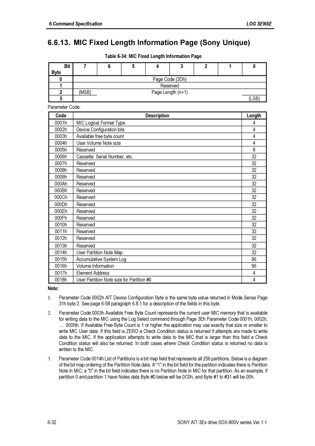 Sony SDX-800V/R MIC Fixed Length Information Page Sony Unique, MIC Fixed Length Information Bit Byte Code 3Dh Reserved 