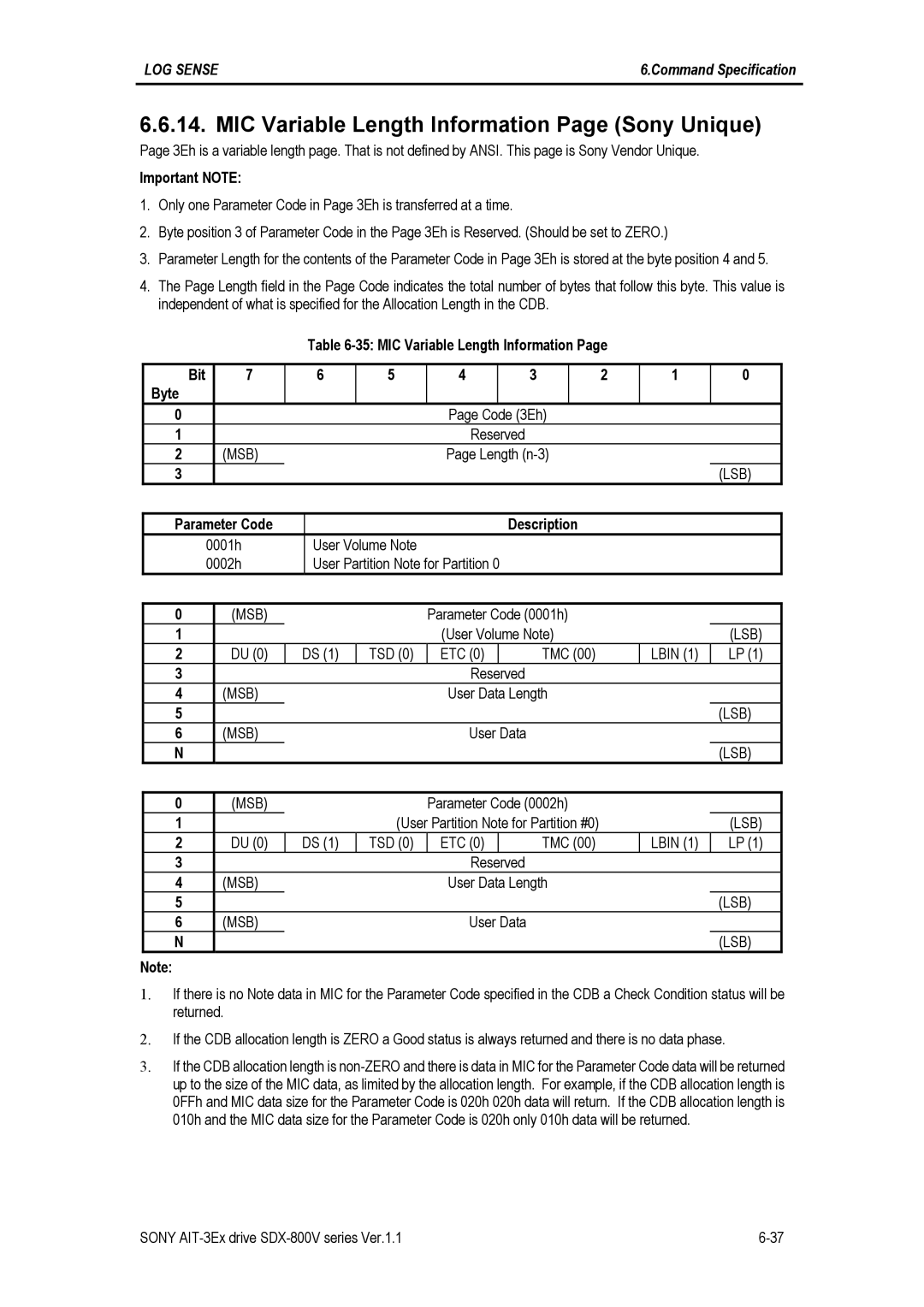 Sony SDX-800V MIC Variable Length Information Page Sony Unique, Important Note, Length n-3, Parameter Code Description 