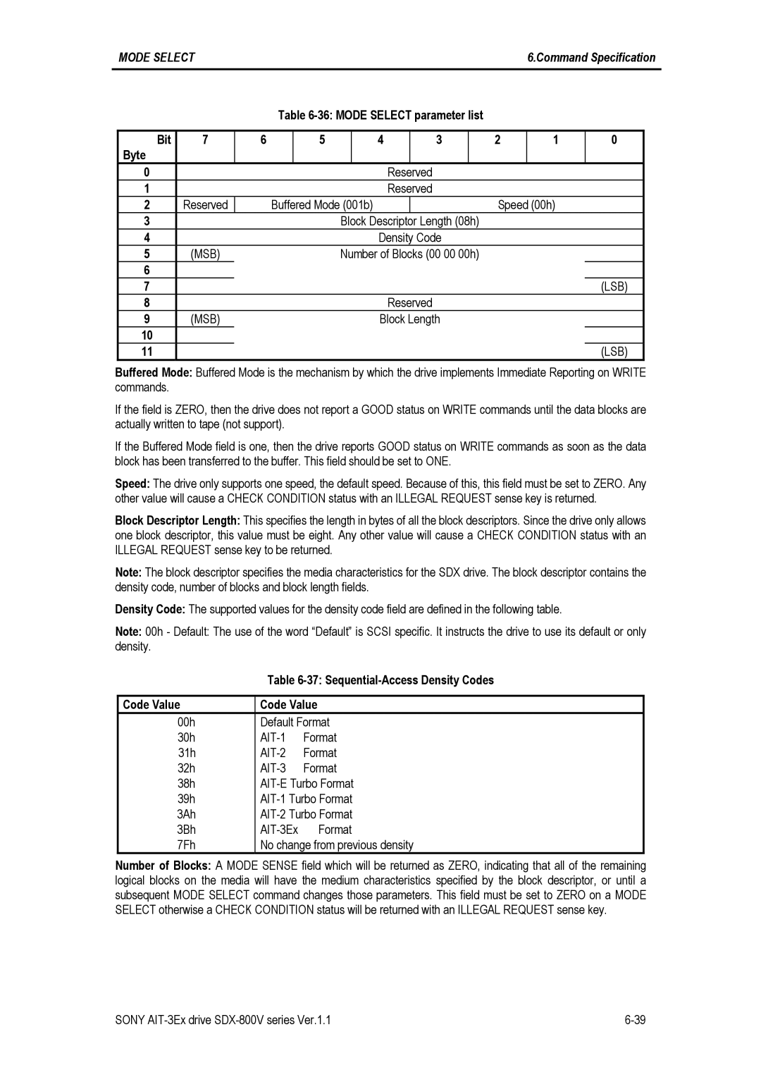 Sony SDX-800V/R manual Sequential-Access Density Codes Code Value 