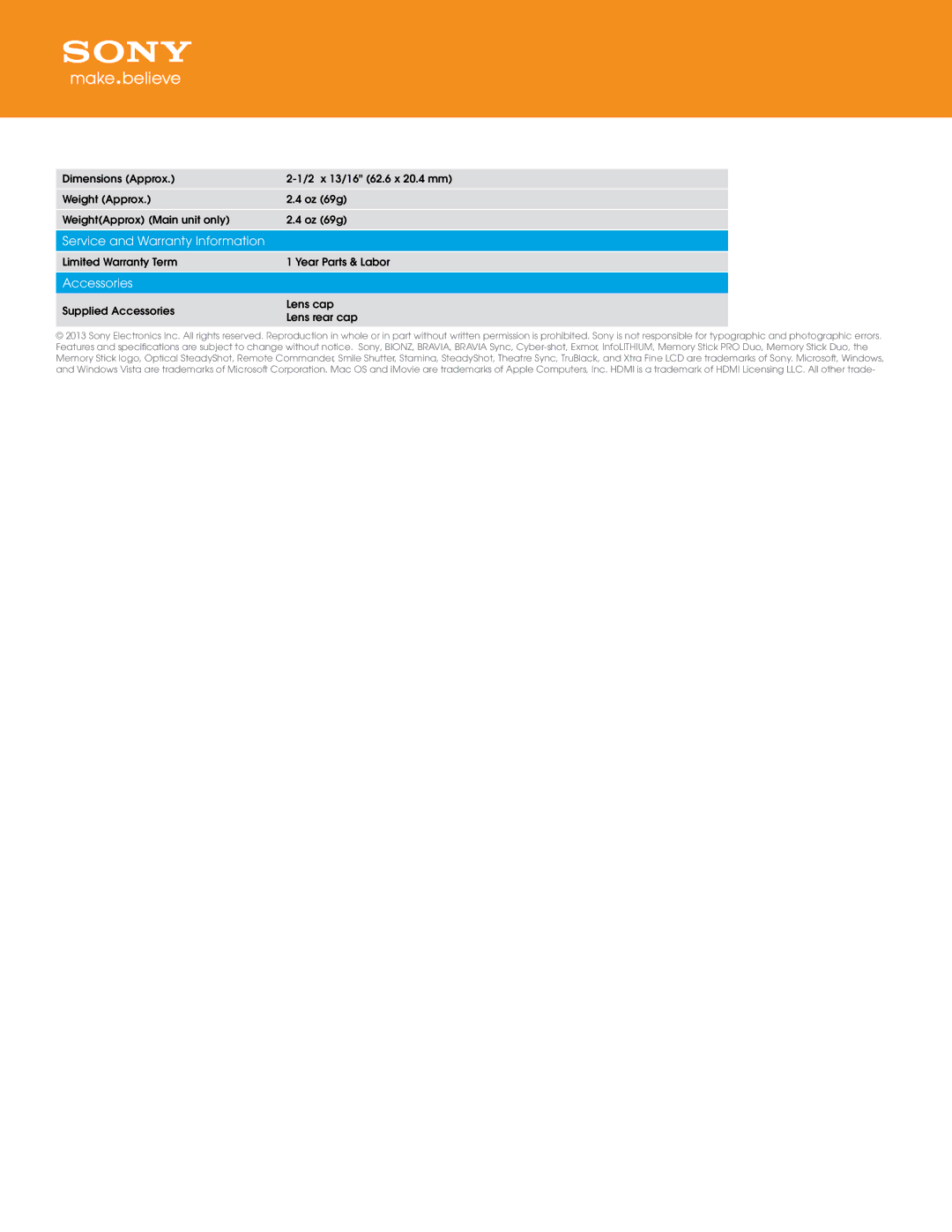 Sony SEL20F28 dimensions Service and Warranty Information, Accessories 