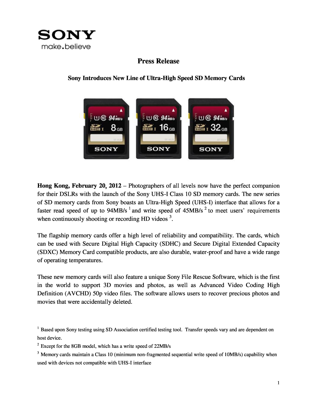Sony SF16UX/TQ manual Sony Introduces New Line of Ultra-High Speed SD Memory Cards, Press Release 