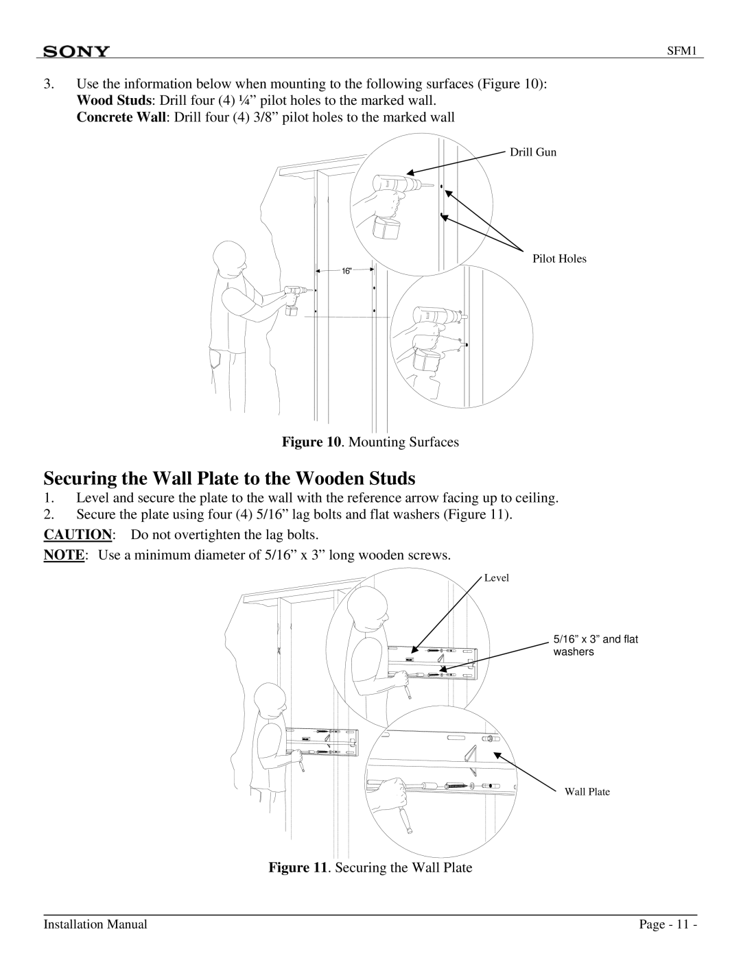 Sony SFM1 installation manual Securing the Wall Plate to the Wooden Studs, Mounting Surfaces 