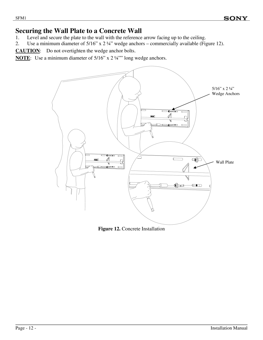 Sony SFM1 installation manual Securing the Wall Plate to a Concrete Wall, Concrete Installation 