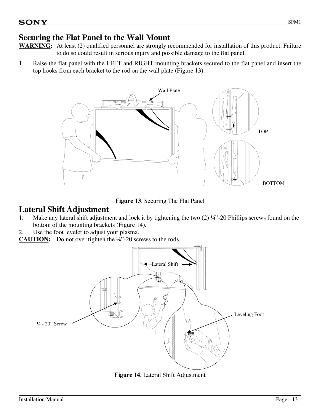 Sony SFM1 installation manual Securing the Flat Panel to the Wall Mount, Lateral Shift Adjustment 