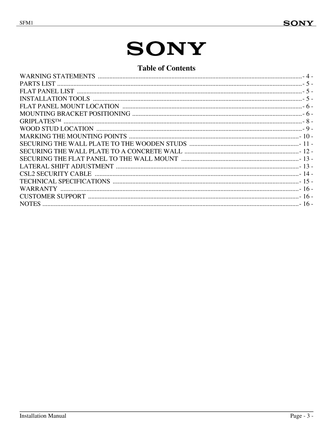 Sony SFM1 installation manual Table of Contents 