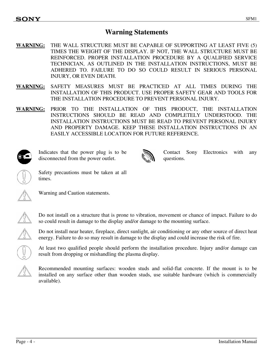 Sony SFM1 installation manual Installation Manual 