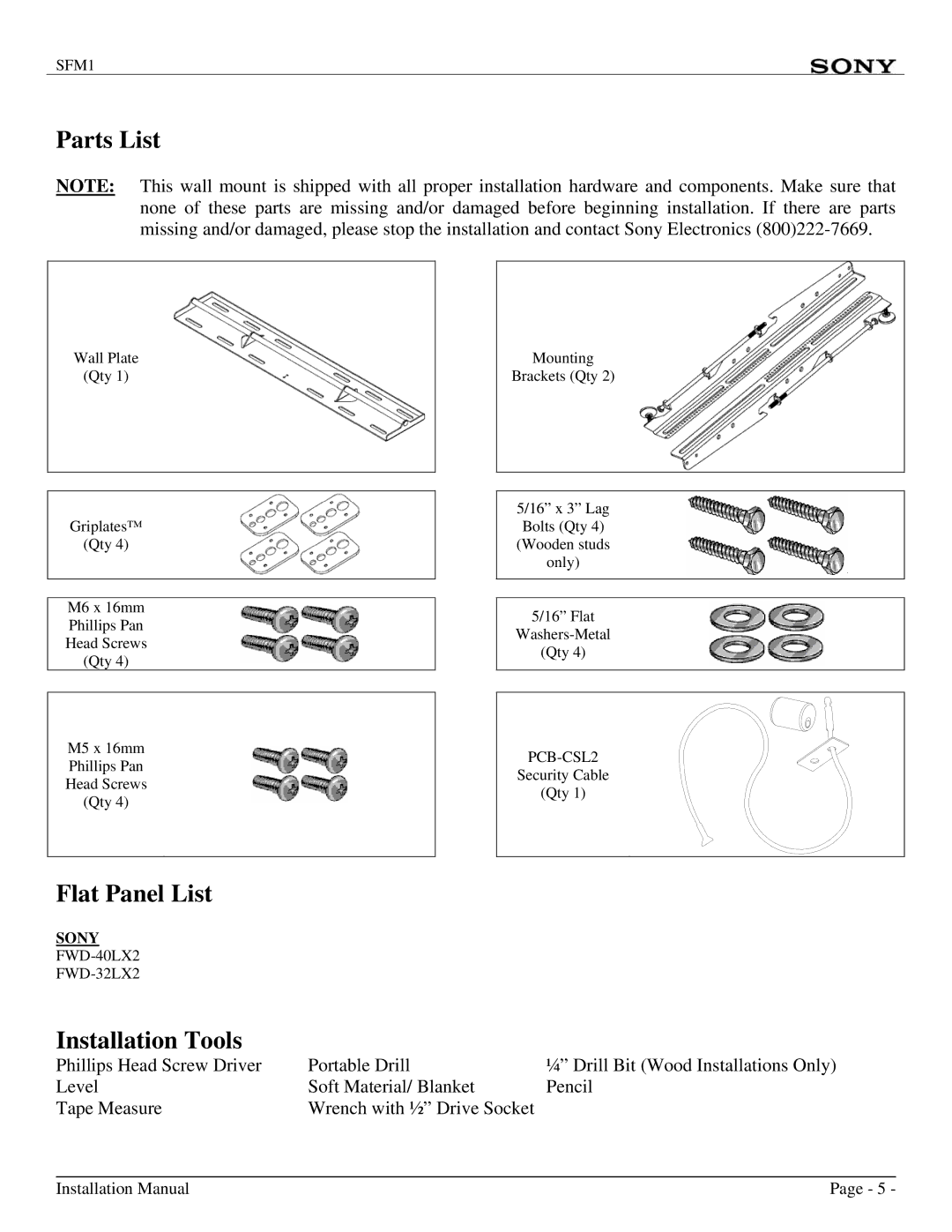 Sony SFM1 installation manual Parts List, Flat Panel List, Installation Tools 