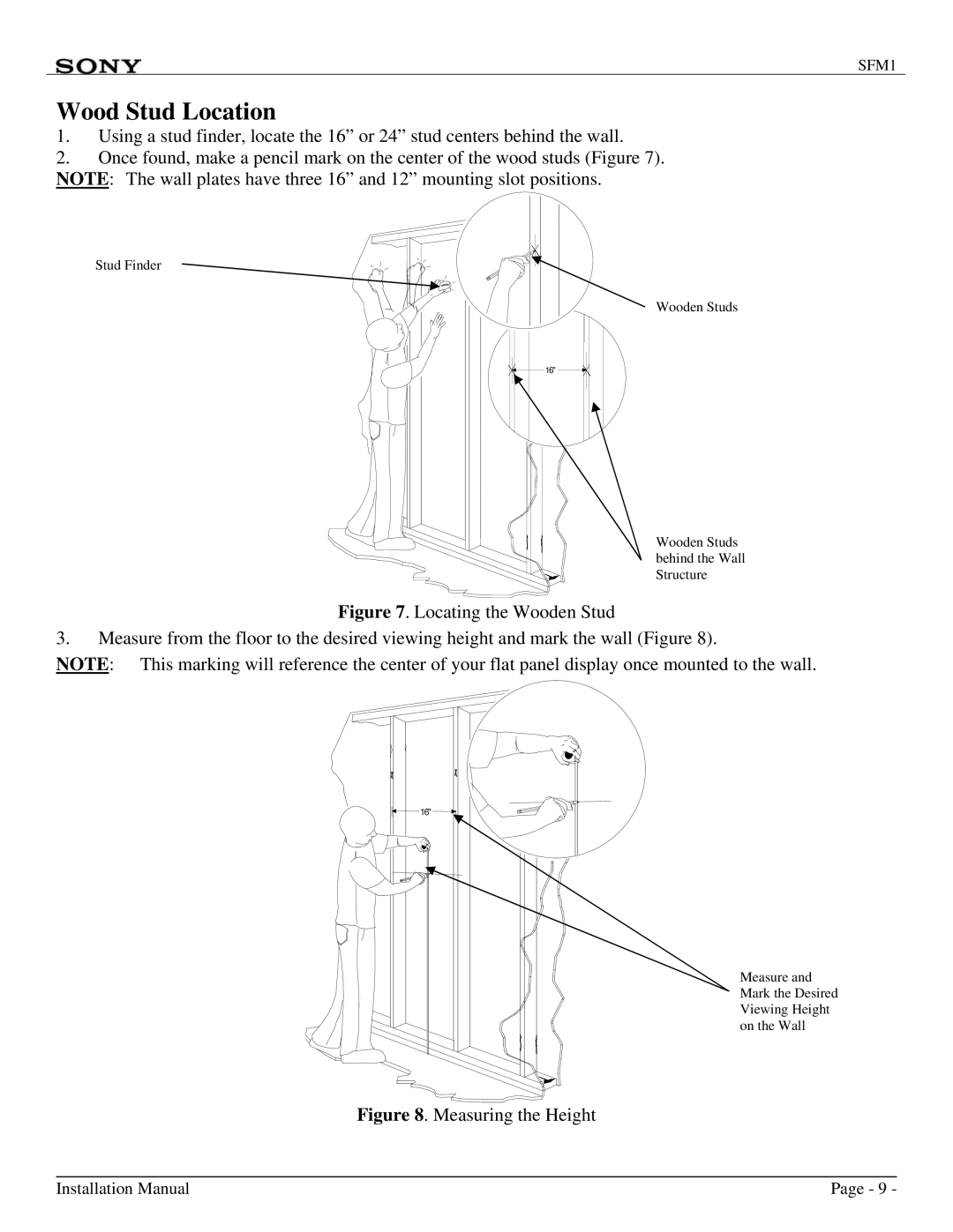 Sony SFM1 installation manual Wood Stud Location, Measuring the Height 