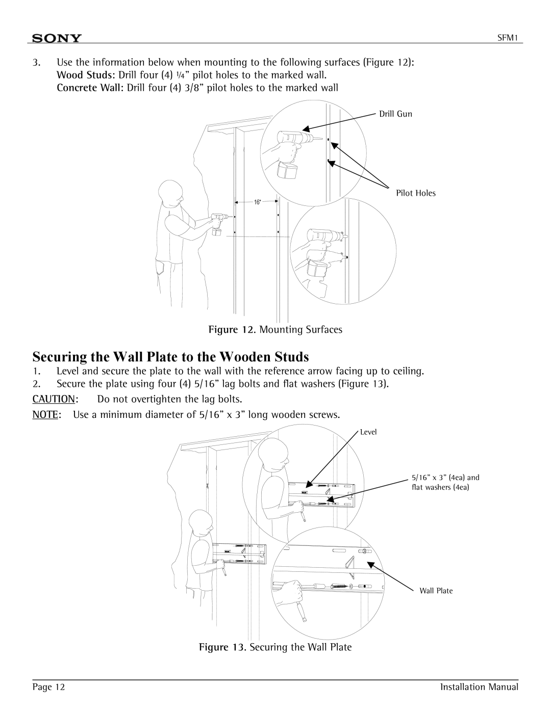 Sony SFM1 installation manual Securing the Wall Plate to the Wooden Studs, Mounting Surfaces 