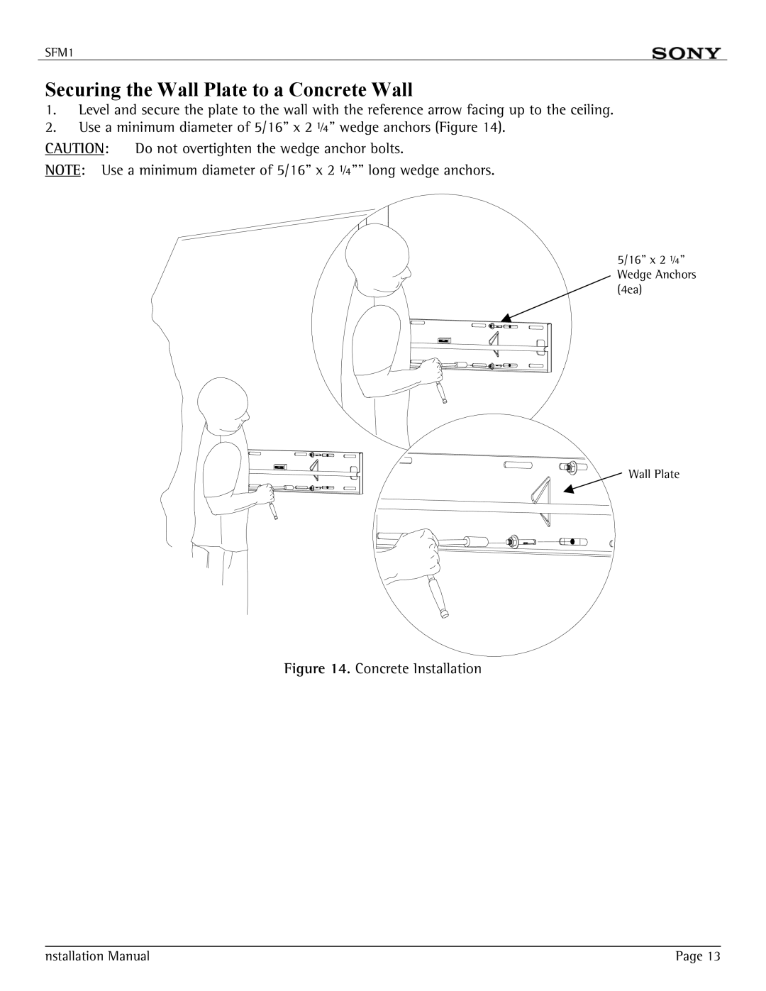 Sony SFM1 installation manual Securing the Wall Plate to a Concrete Wall, Concrete Installation 