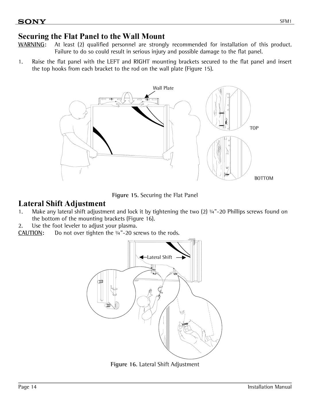 Sony SFM1 installation manual Securing the Flat Panel to the Wall Mount, Lateral Shift Adjustment 