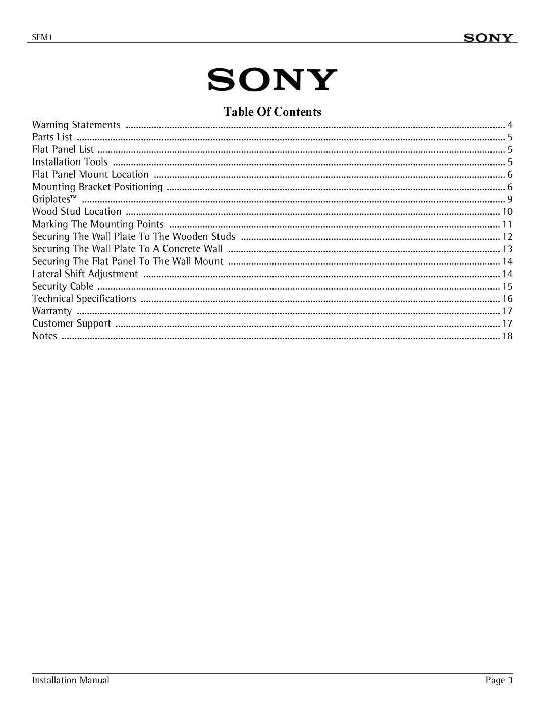 Sony SFM1 installation manual Table Of Contents 