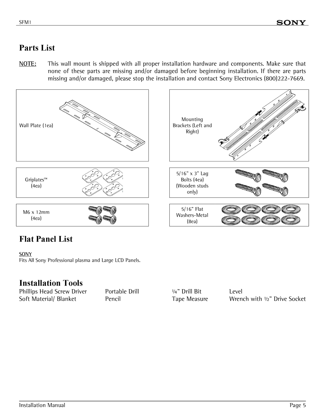 Sony SFM1 installation manual Parts List, Flat Panel List, Installation Tools 