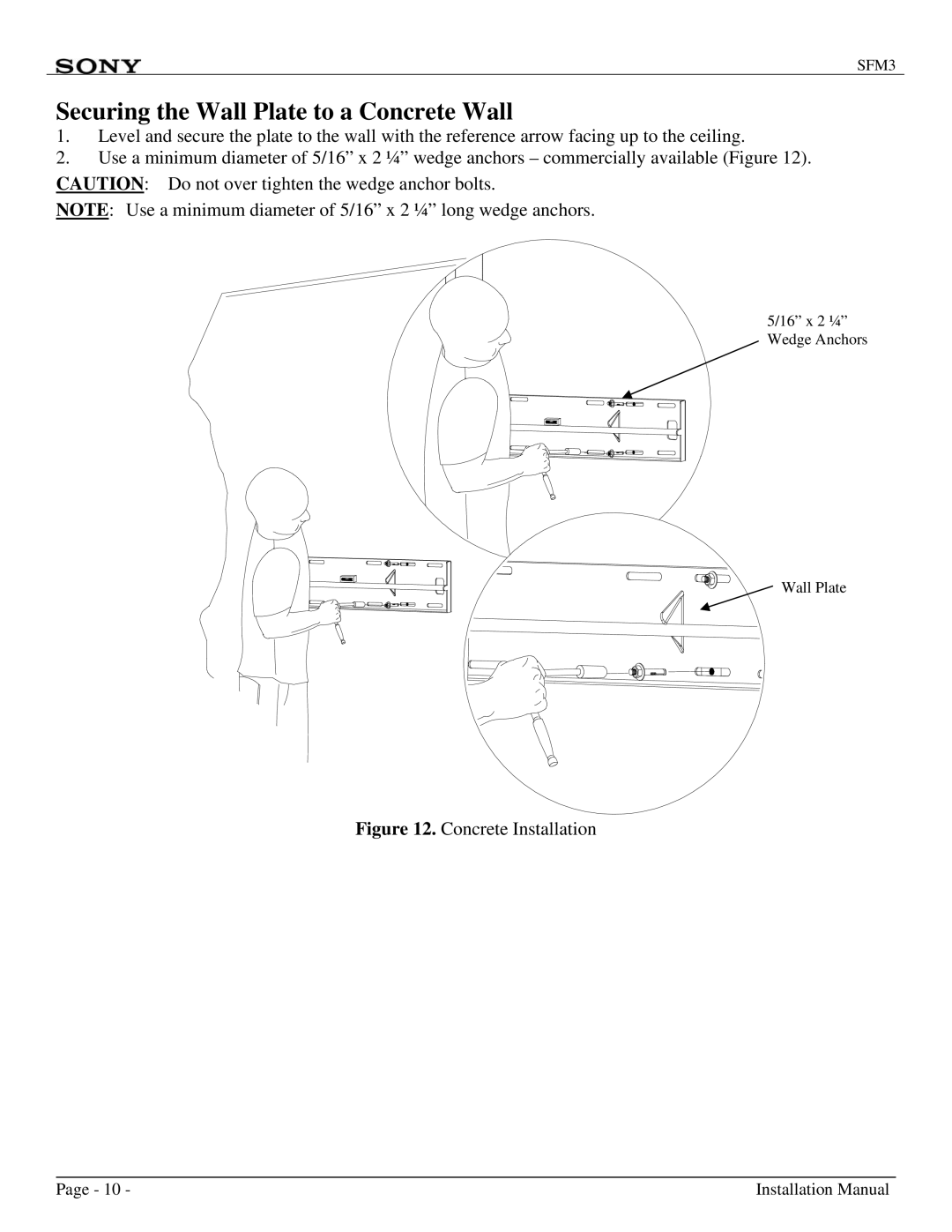 Sony SFM3 installation manual Securing the Wall Plate to a Concrete Wall, Concrete Installation 