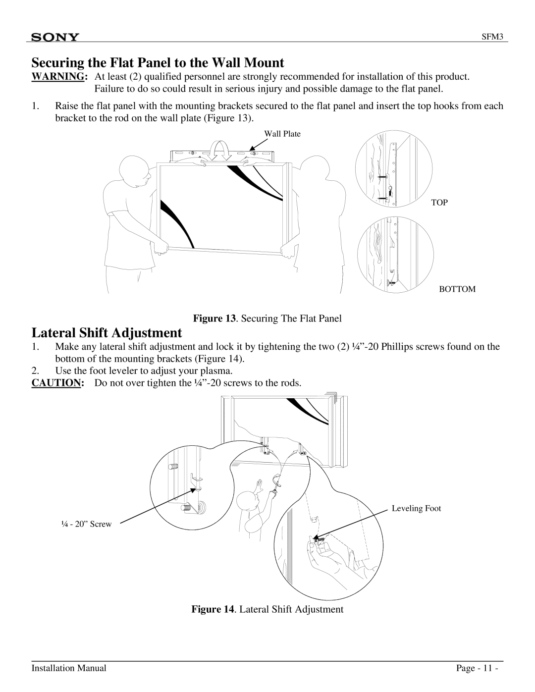 Sony SFM3 installation manual Securing the Flat Panel to the Wall Mount, Lateral Shift Adjustment 