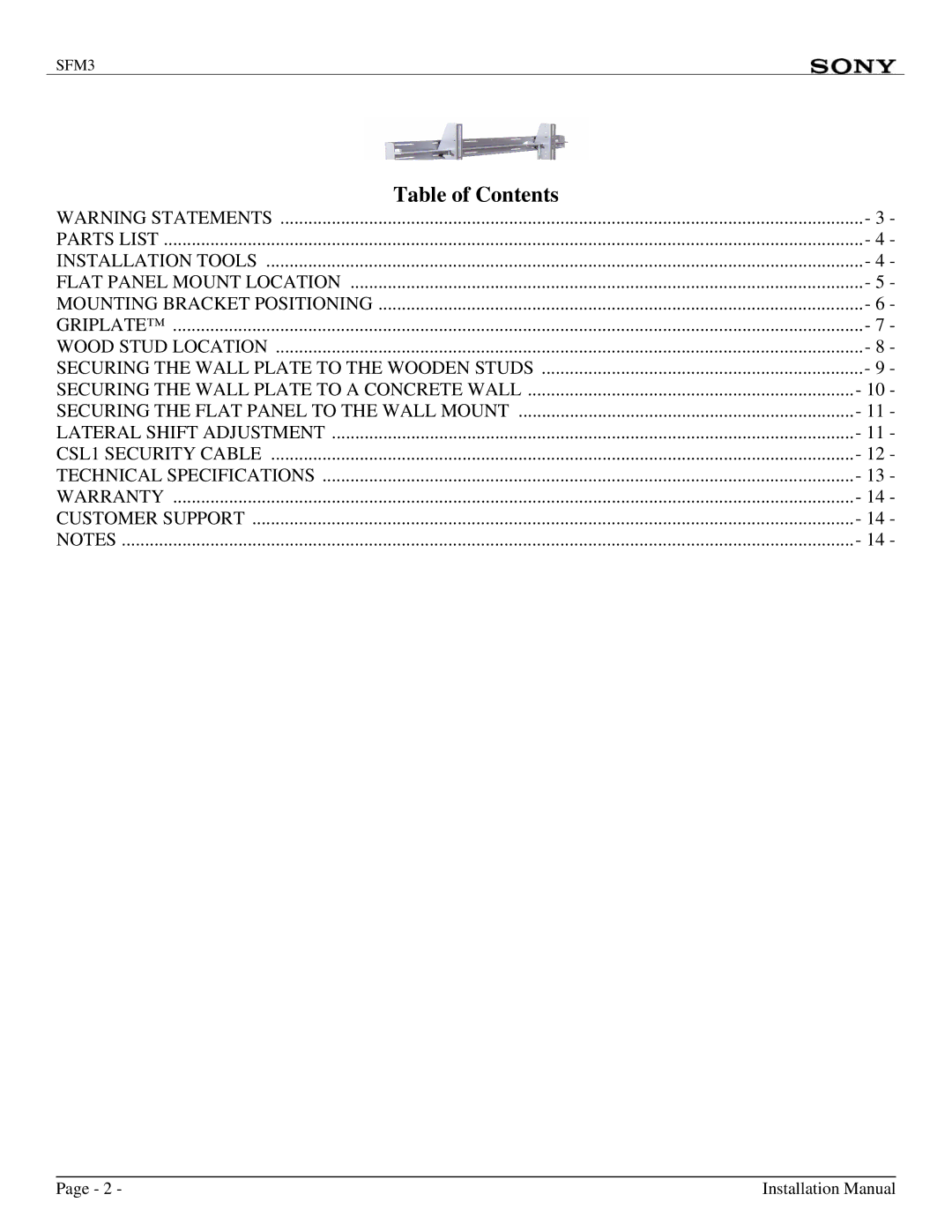 Sony SFM3 installation manual Table of Contents 