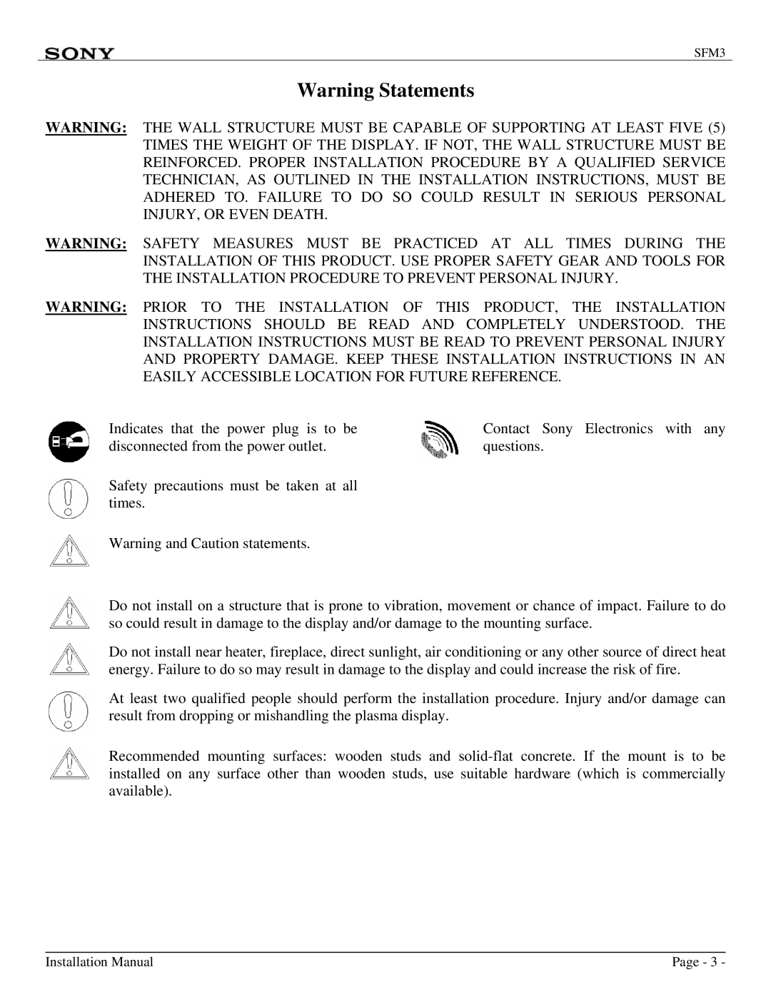 Sony SFM3 installation manual Installation Manual 