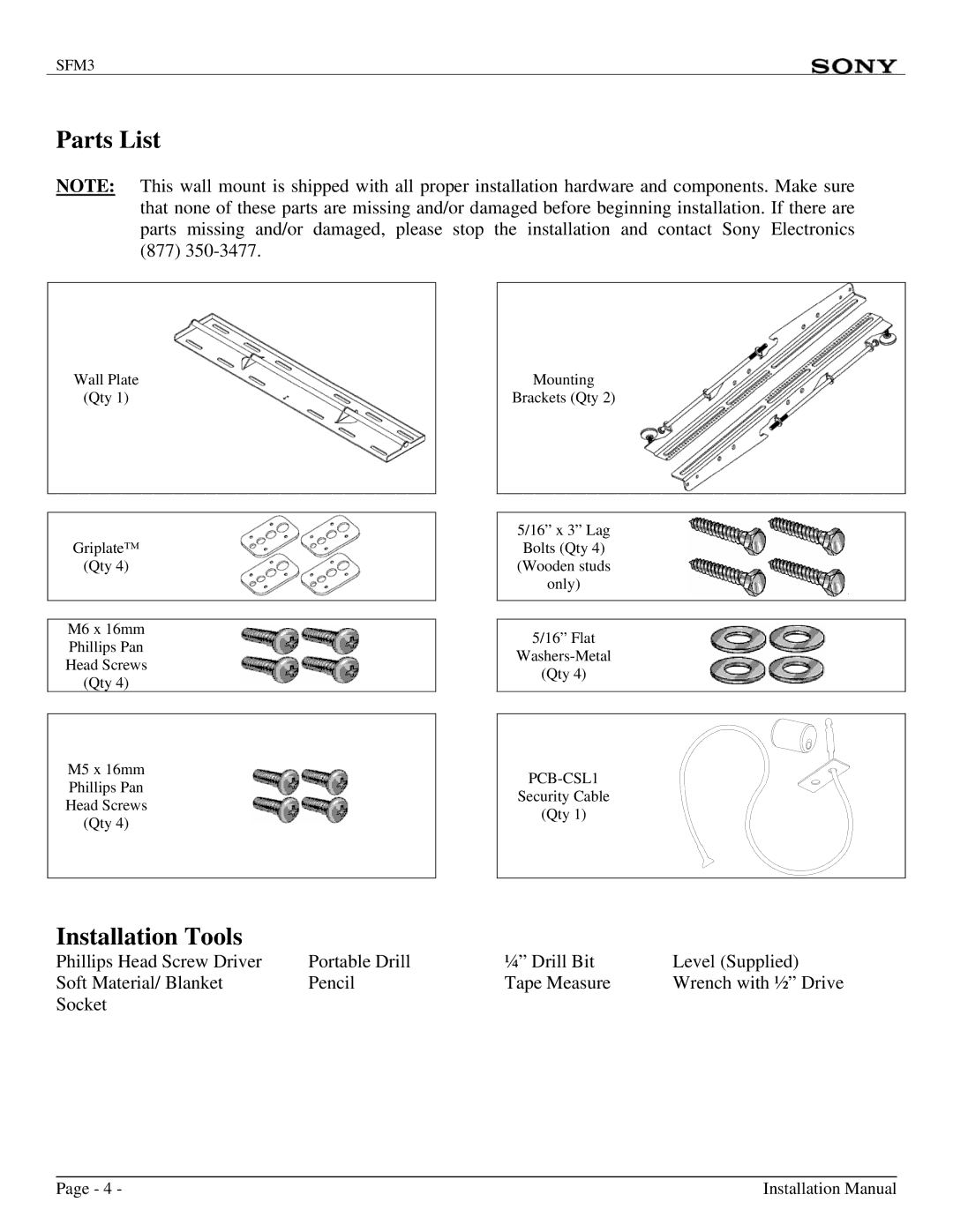 Sony SFM3 installation manual Parts List, Installation Tools 