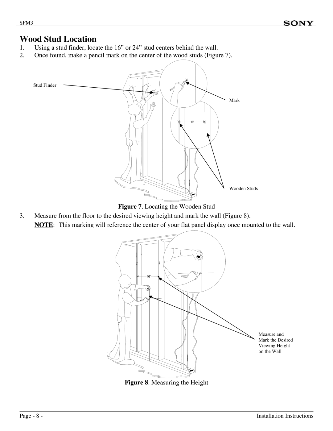 Sony SFM3 installation manual Wood Stud Location, Measuring the Height 