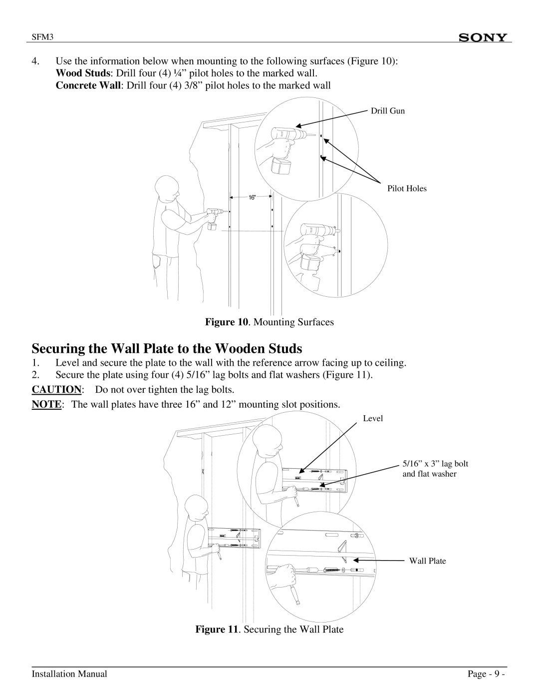 Sony SFM3 installation manual Securing the Wall Plate to the Wooden Studs, Mounting Surfaces 