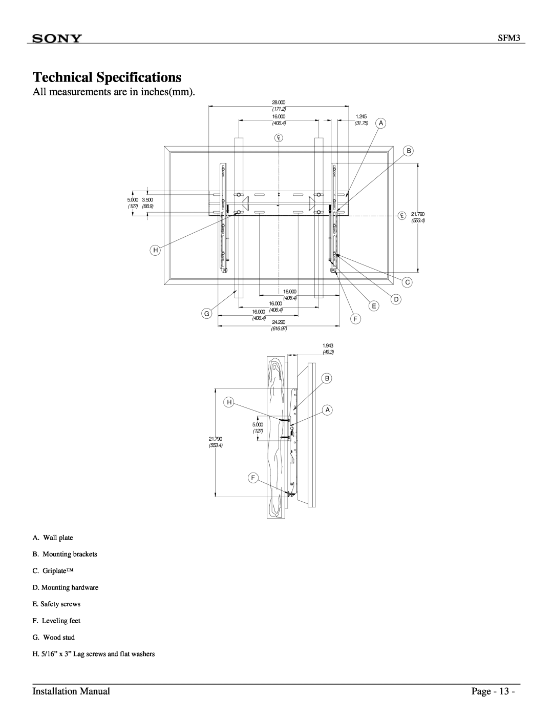 Sony SFM3 Technical Specifications, Installation Manual, Page, E. Safety screws F. Leveling feet G. Wood stud 