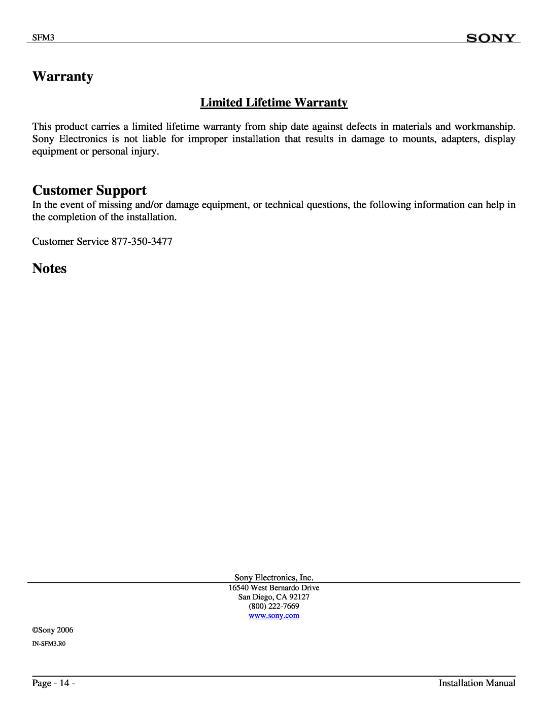 Sony SFM3 installation manual Customer Support, Limited Lifetime Warranty 