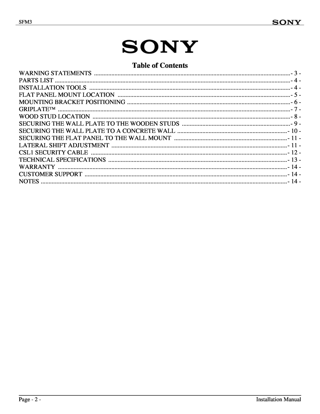 Sony SFM3 installation manual Table of Contents 
