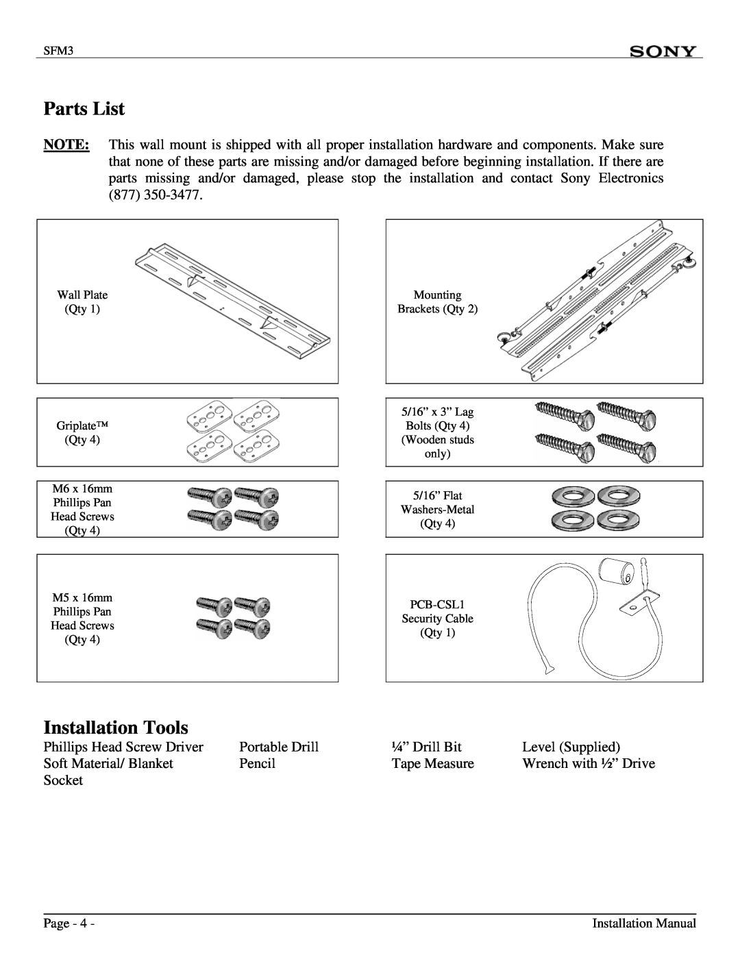 Sony SFM3 installation manual Parts List, Installation Tools 