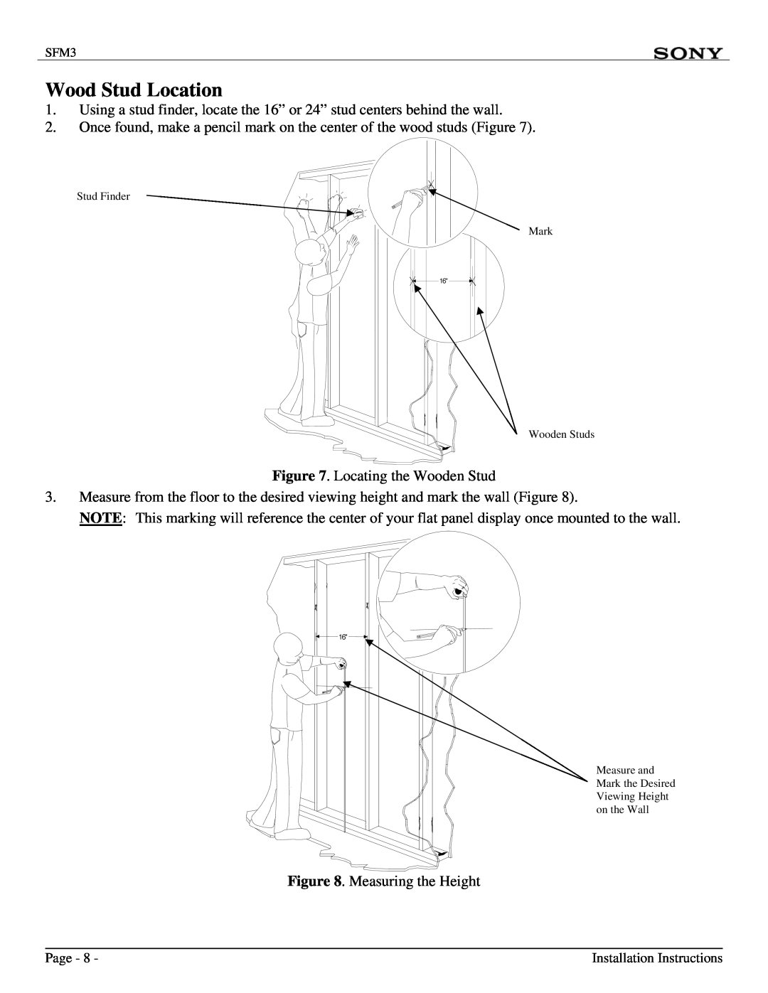 Sony SFM3 installation manual Wood Stud Location 