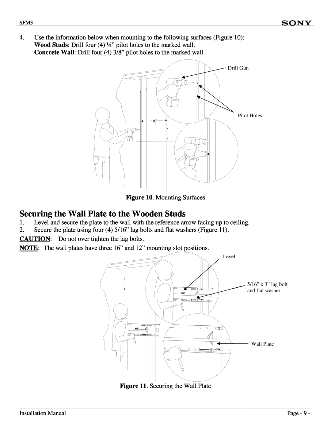 Sony SFM3 installation manual Securing the Wall Plate to the Wooden Studs 