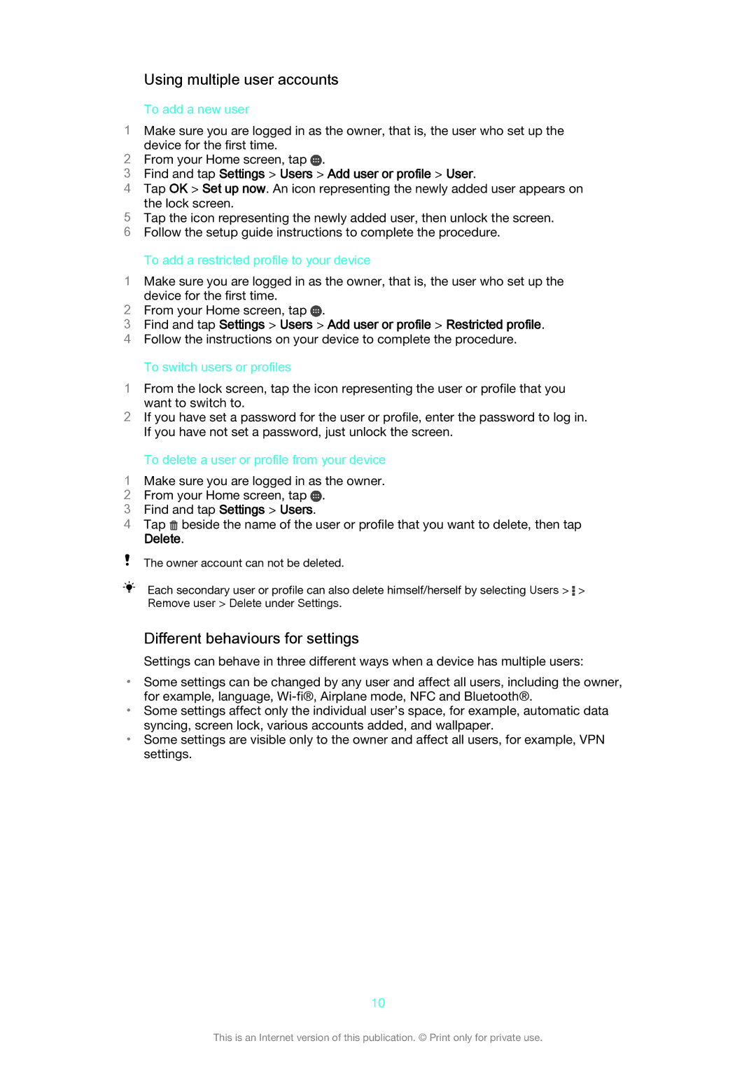 Sony SGP 512, SGP511 manual Using multiple user accounts, Different behaviours for settings 