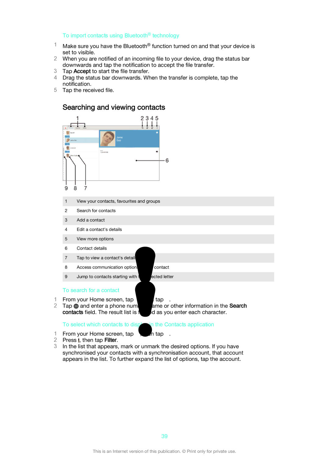 Sony SGP511 manual Searching and viewing contacts, To import contacts using Bluetooth technology, To search for a contact 