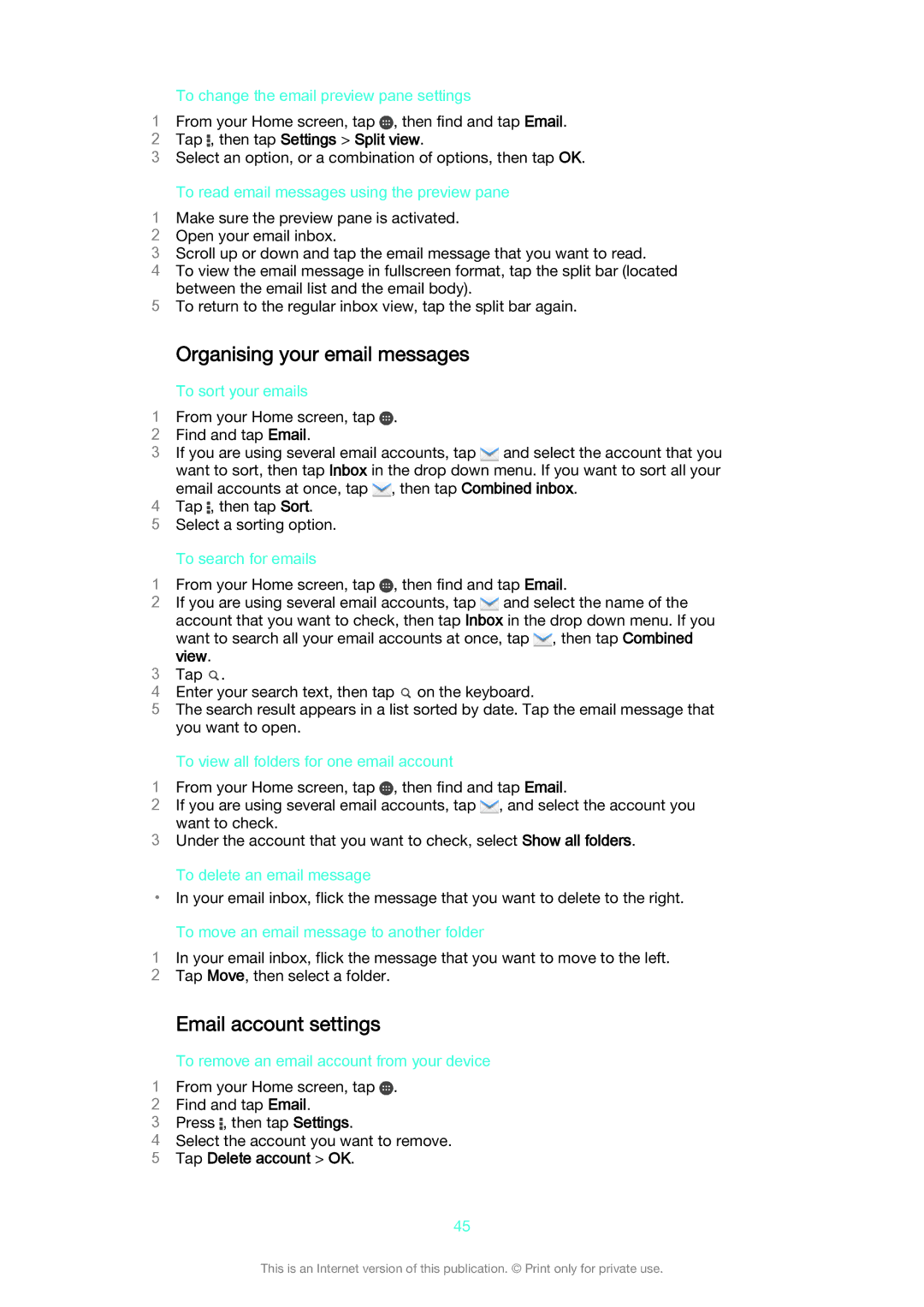 Sony SGP511, SGP 512 manual Organising your email messages, Email account settings, Tap , then tap Settings Split view 