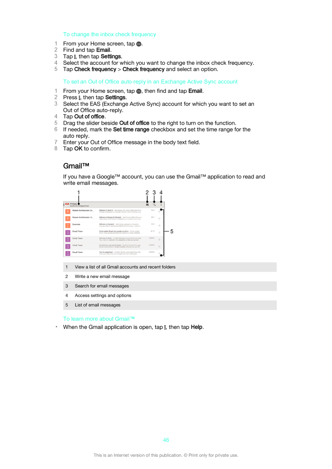 Sony SGP 512, SGP511 Gmail, To change the inbox check frequency, Tap Check frequency Check frequency and select an option 