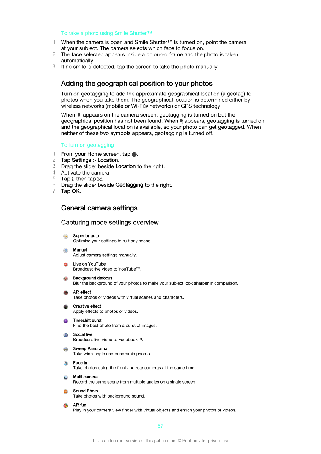 Sony SGP511 Adding the geographical position to your photos, General camera settings, Capturing mode settings overview 