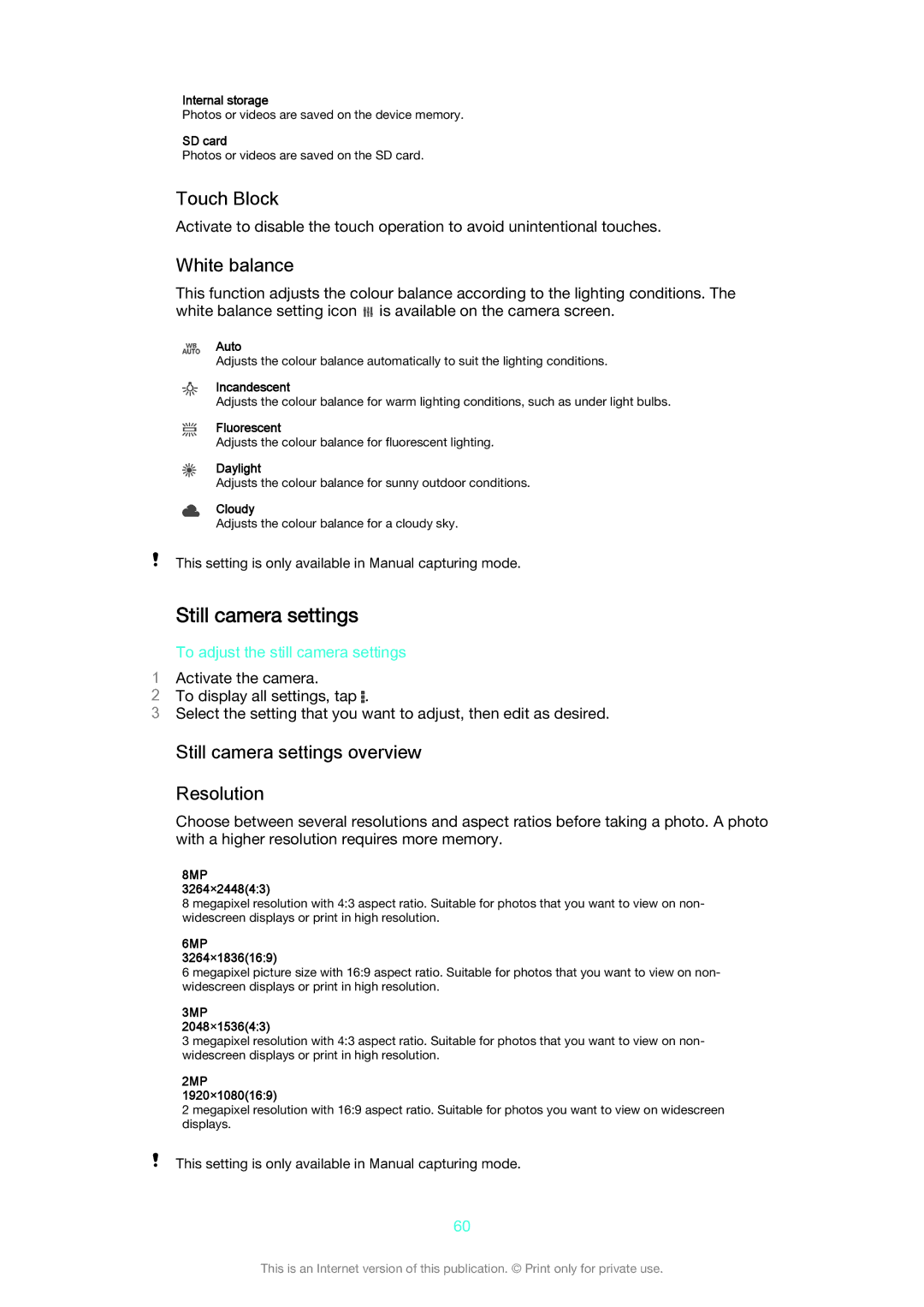 Sony SGP 512, SGP511 manual Touch Block, White balance, Still camera settings overview Resolution 