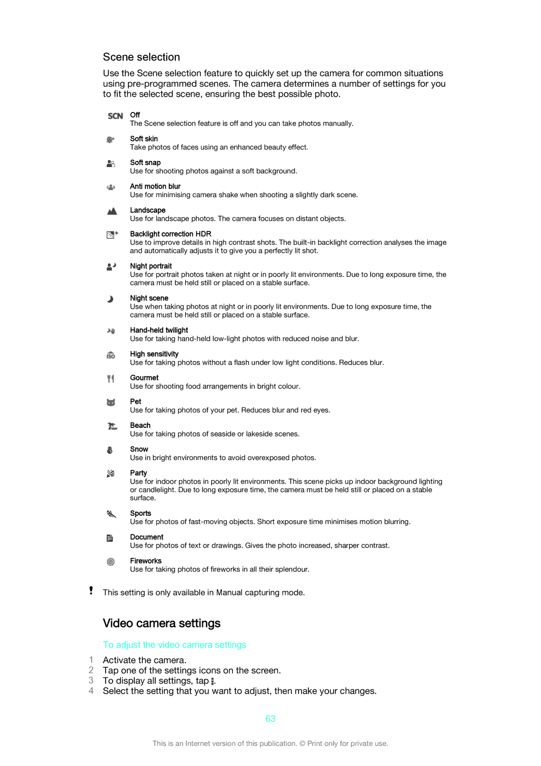 Sony SGP511, SGP 512 manual Video camera settings, Scene selection, To adjust the video camera settings 