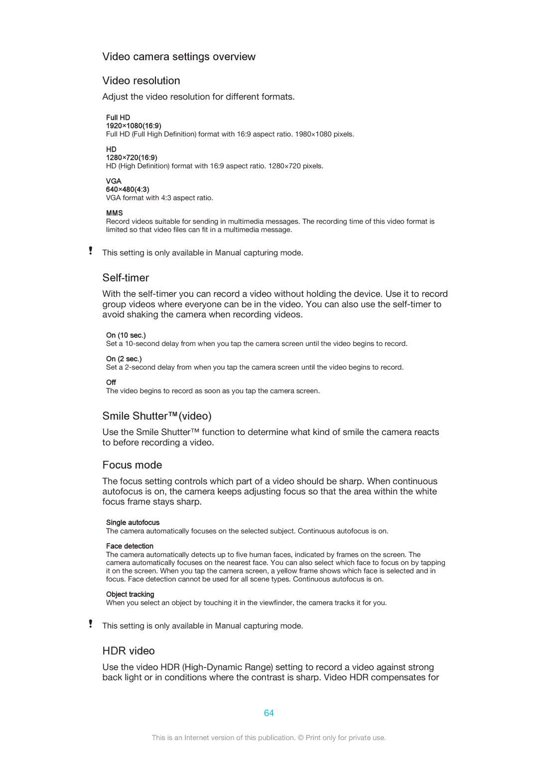 Sony SGP 512, SGP511 manual Video camera settings overview Video resolution, Smile Shuttervideo, HDR video 