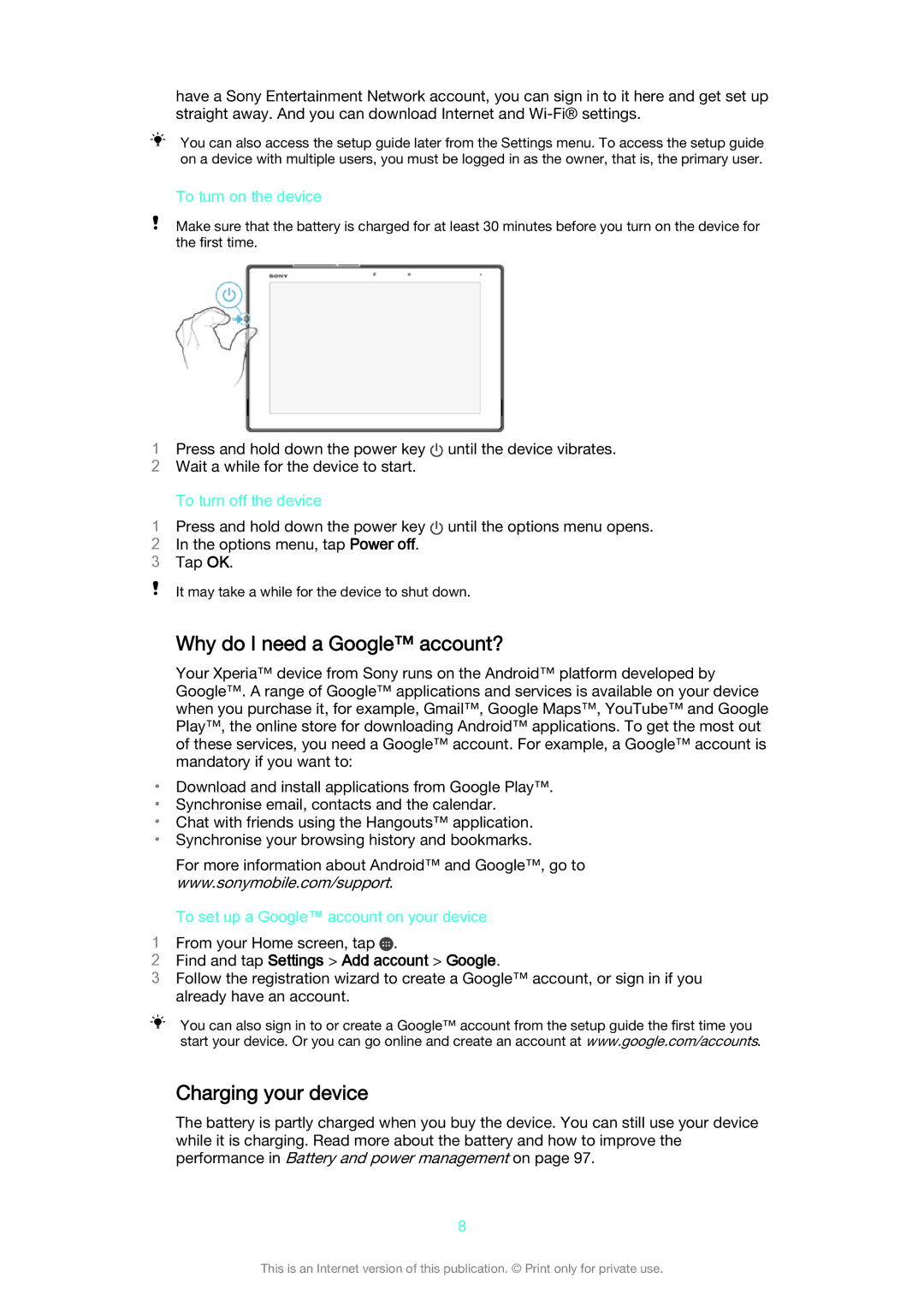 Sony SGP 512, SGP511 manual Why do I need a Google account?, Charging your device, Find and tap Settings Add account Google 