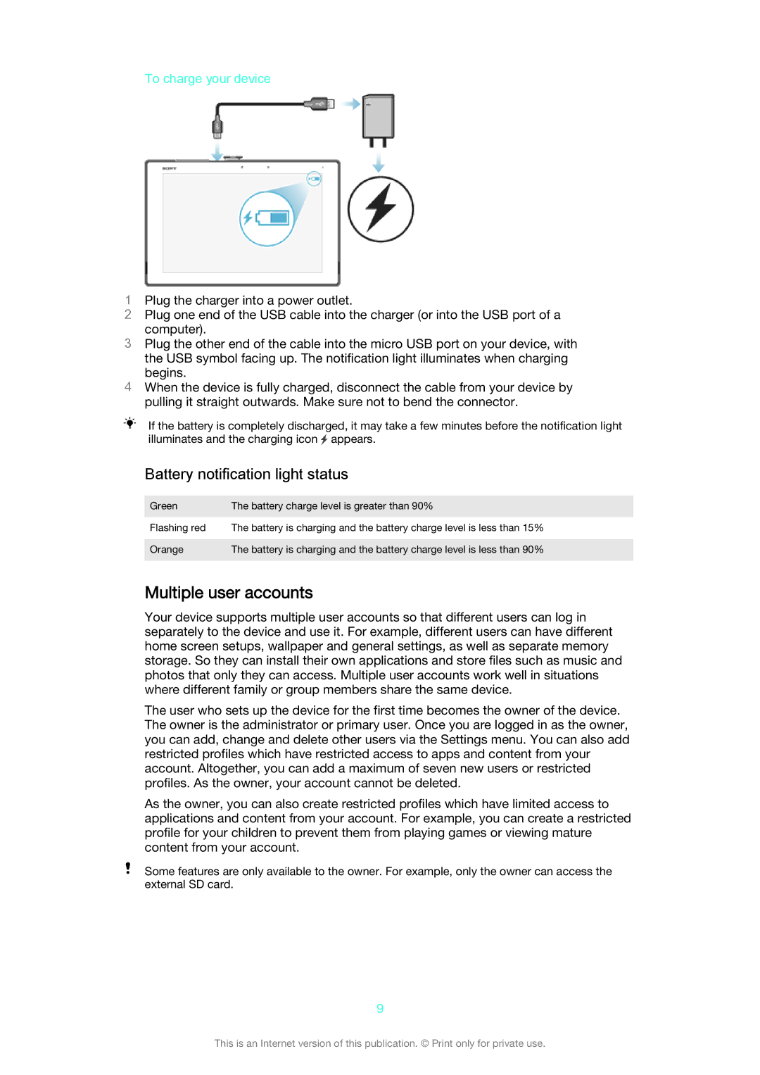 Sony SGP511, SGP 512 manual Multiple user accounts, Battery notification light status, To charge your device 