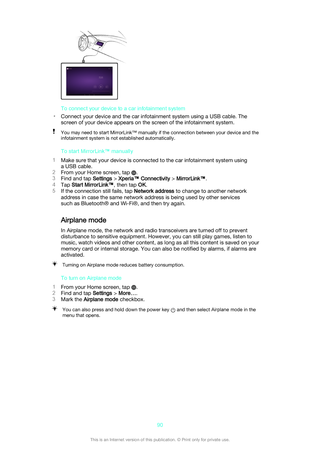 Sony SGP 512, SGP511 Airplane mode, To connect your device to a car infotainment system, To start MirrorLink manually 