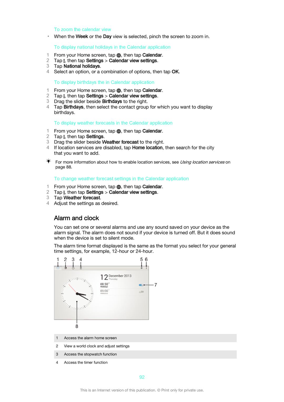 Sony SGP 512, SGP511 manual Alarm and clock, Tap , then tap Settings Calendar view settings 