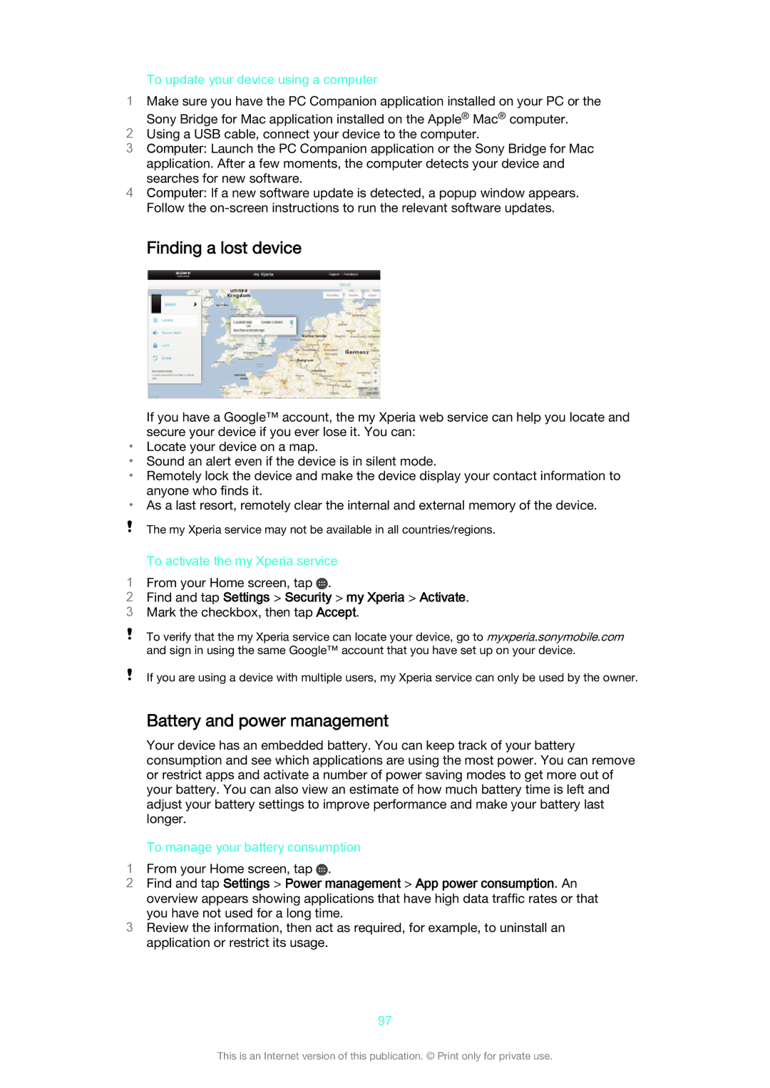 Sony SGP511 manual Finding a lost device, Battery and power management, Find and tap Settings Security my Xperia Activate 