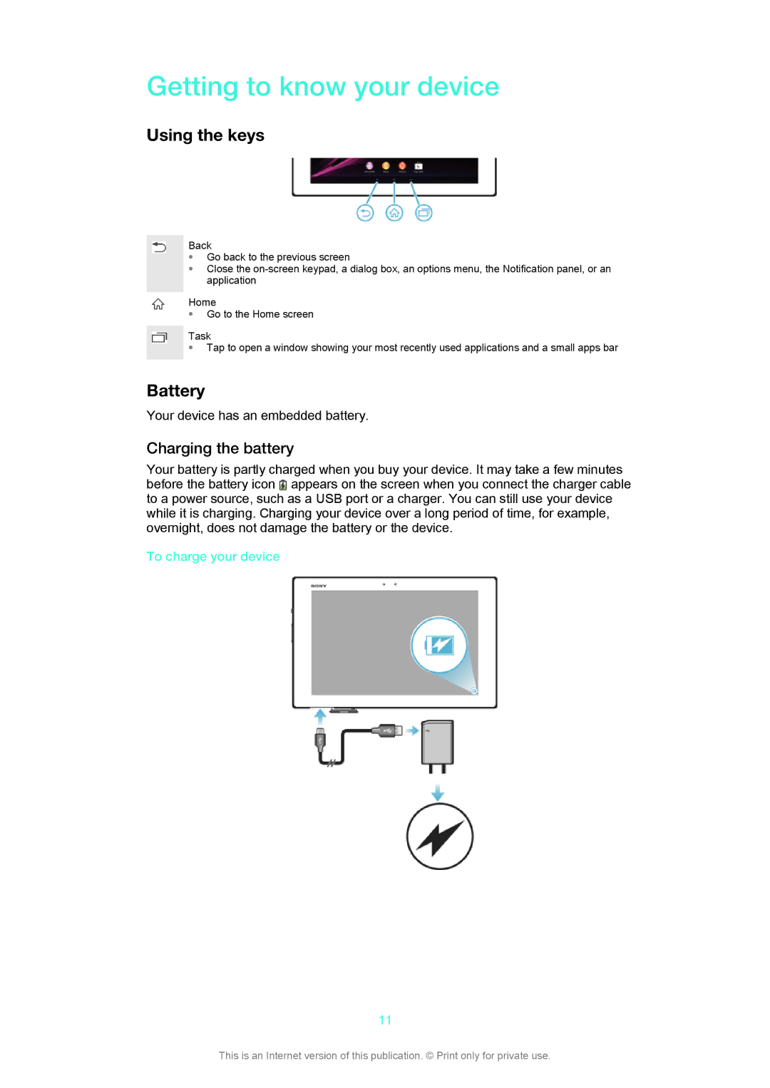 Sony SGP312, SGP311 manual Getting to know your device, Using the keys, Battery, Charging the battery, To charge your device 