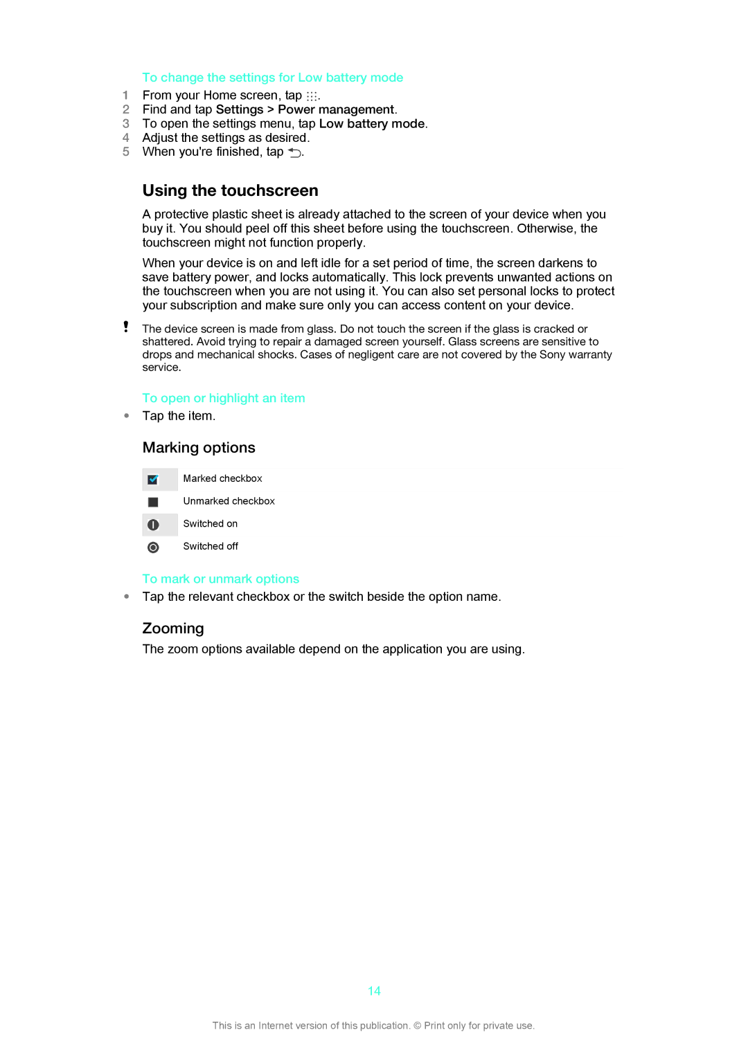 Sony SGP311, SGP312 manual Using the touchscreen, Marking options, Zooming 