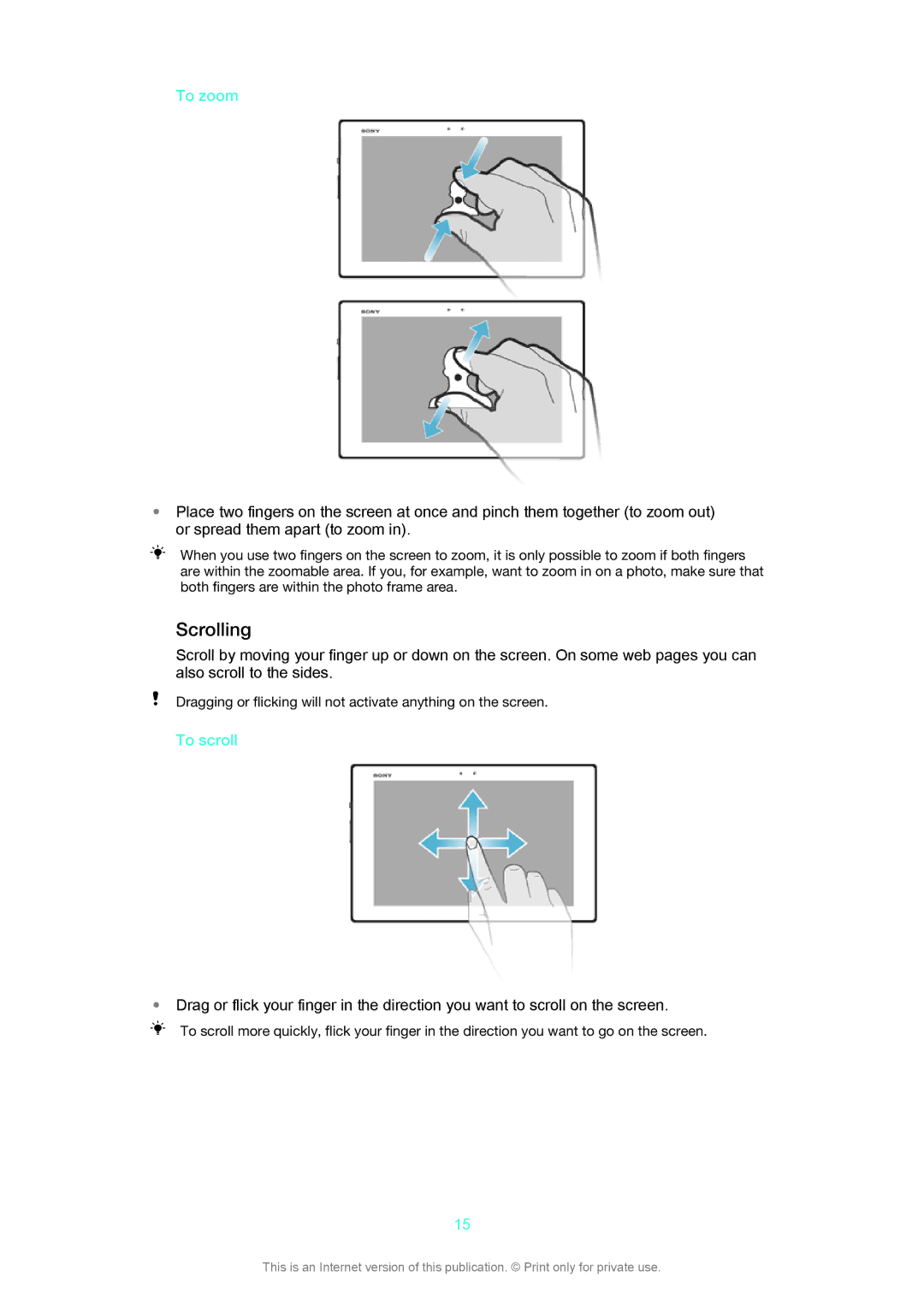 Sony SGP312, SGP311 manual Scrolling, To zoom, To scroll 