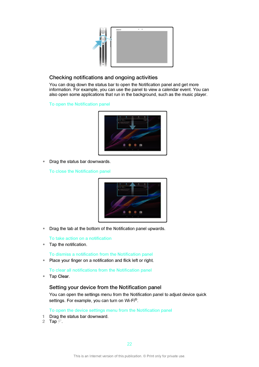 Sony SGP311, SGP312 manual Checking notifications and ongoing activities, Setting your device from the Notification panel 